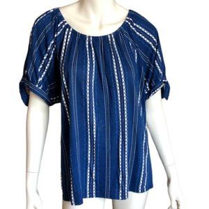 Style & Co 1X Boho Blue Striped Top w/ Tie Sleeves & Elastic Neckline